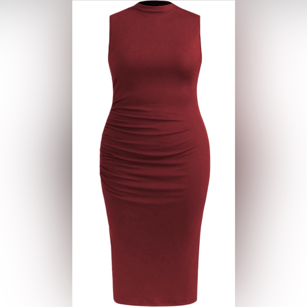 HIGH NECK RUCHED MIDI DRESS CURVE & PLUS